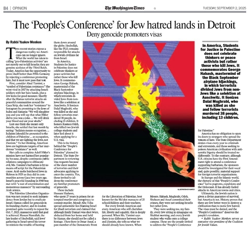 Rabbi Yaakov Menken in the Washington Times: The ‘People’s Conference’ for Jew hatred lands in Detroit