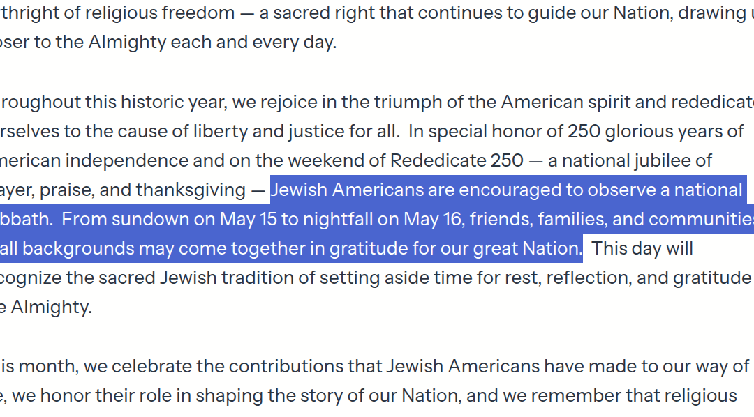 Rabbinic Group Thanks President Trump for Encouraging Sabbath Observance in America